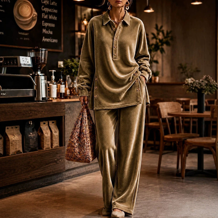 Women’s Casual Velvet Button Placket Top & Wide Leg Pants Two-Piece Outfit