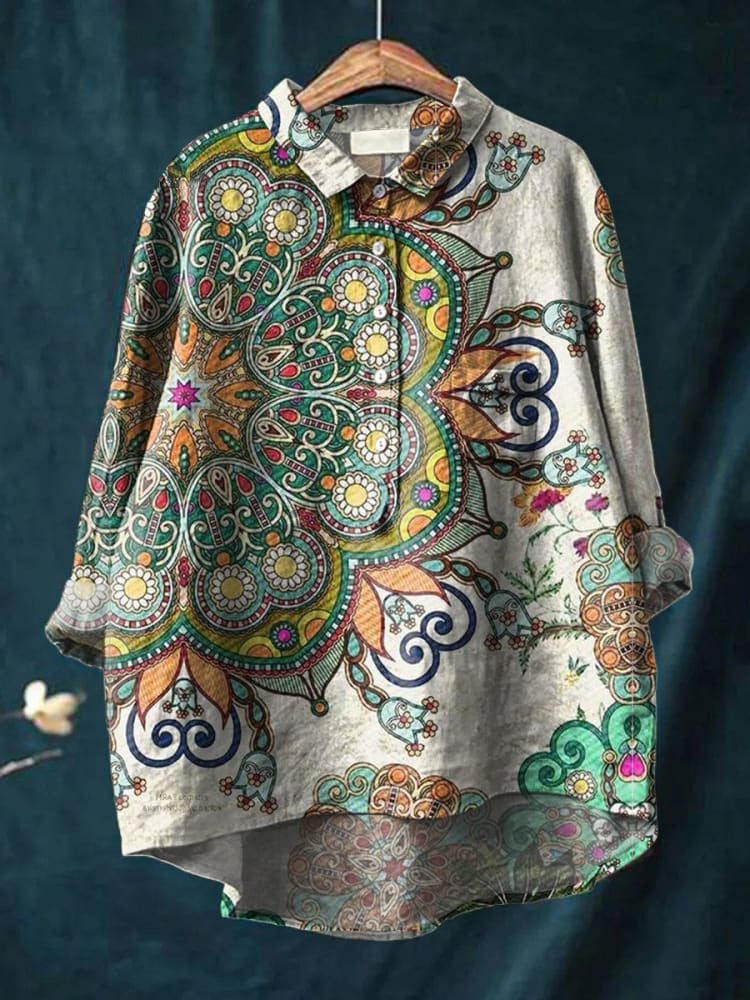 Women's Vintage Paisley Mandala Art Print Casual Cotton And Linen Shirt