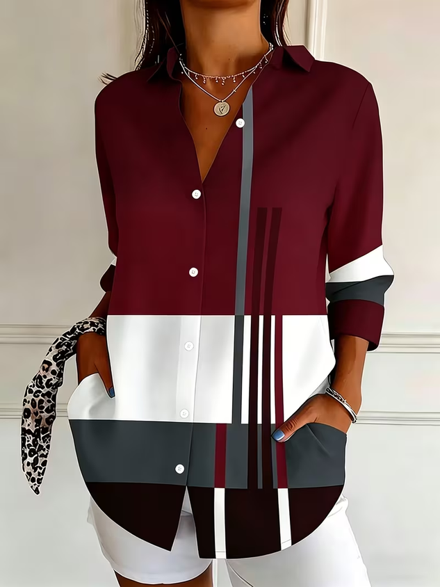 Women Abstract Casual Shirt Shirt Collar Long Sleeve Buckle Top