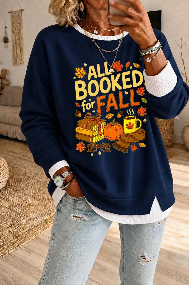 Women's All Booked For Fall Pattern Fake Two Piece Layered Sweatshirt