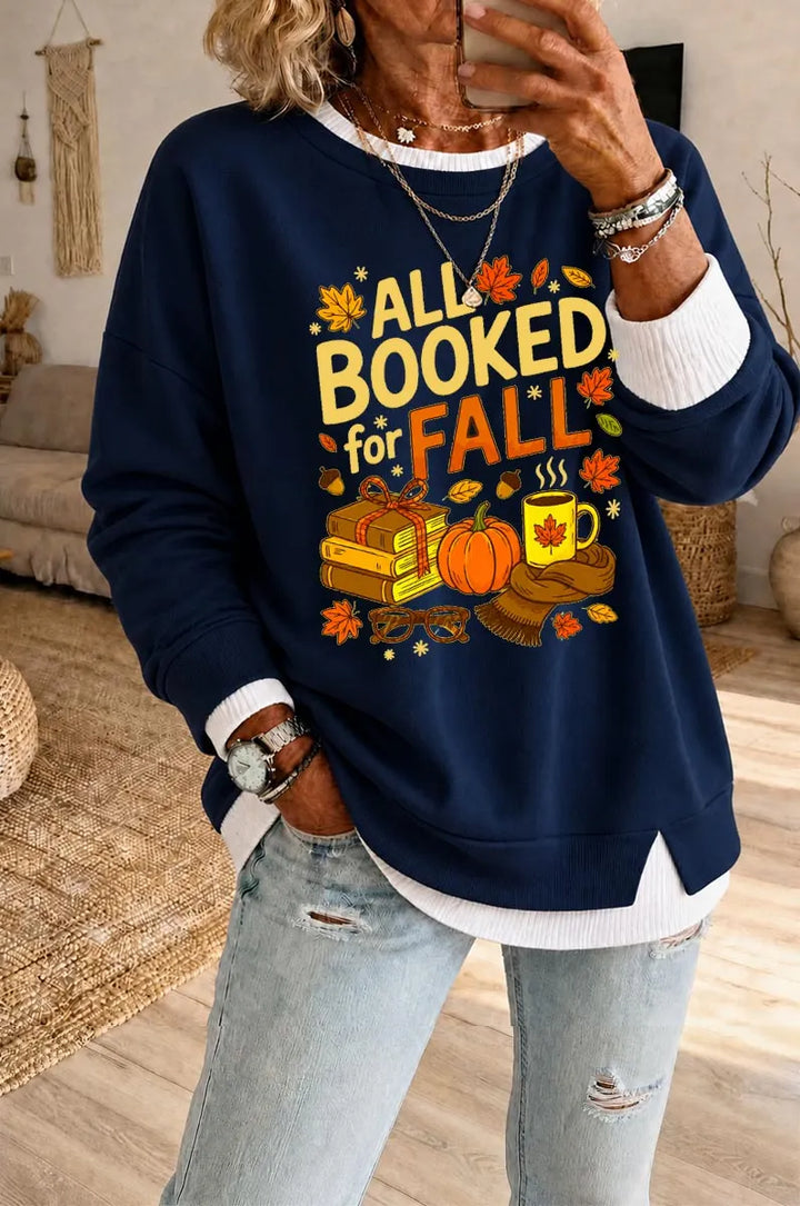 Women's All Booked For Fall Pattern Fake Two Piece Layered Sweatshirt