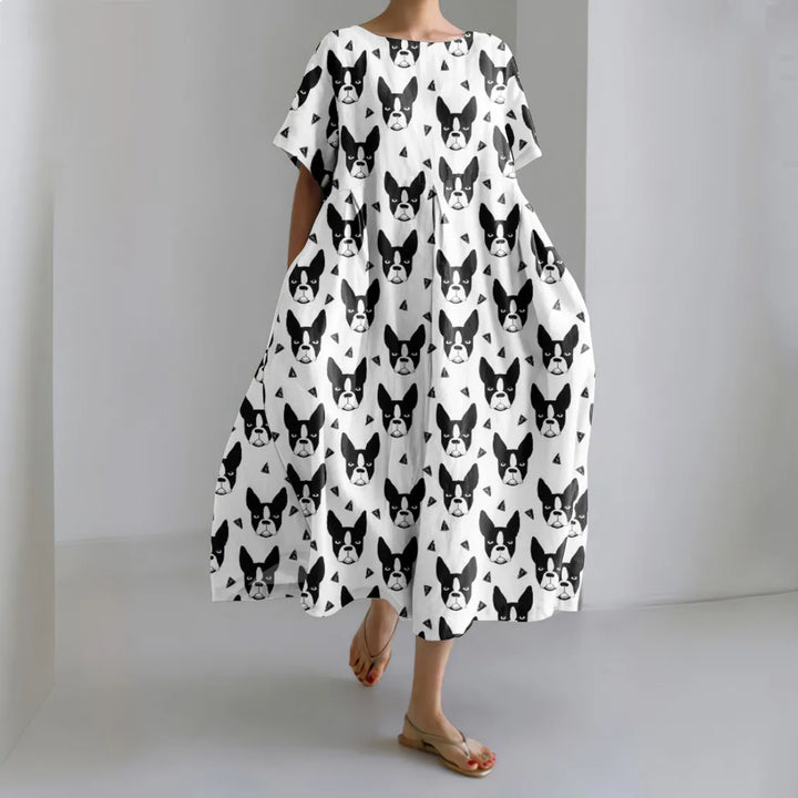 Dog Print Loose Short Sleeve Midi Dress