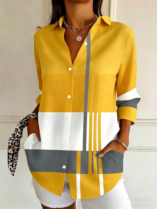 Women Abstract Casual Shirt Shirt Collar Long Sleeve Buckle Top