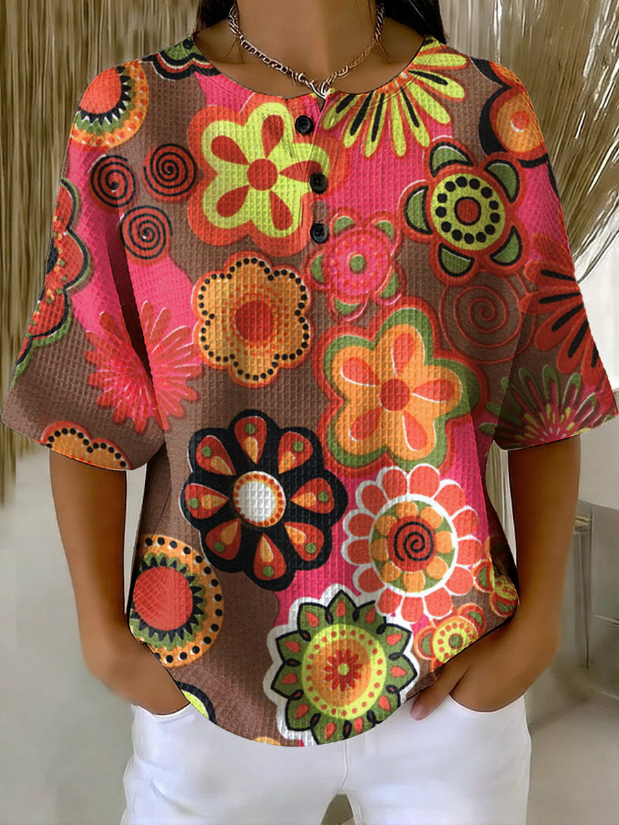 Women's Vintage Hippie Flowers Pattern Printed Casual Cotton Waffle Knit Sweatshirt