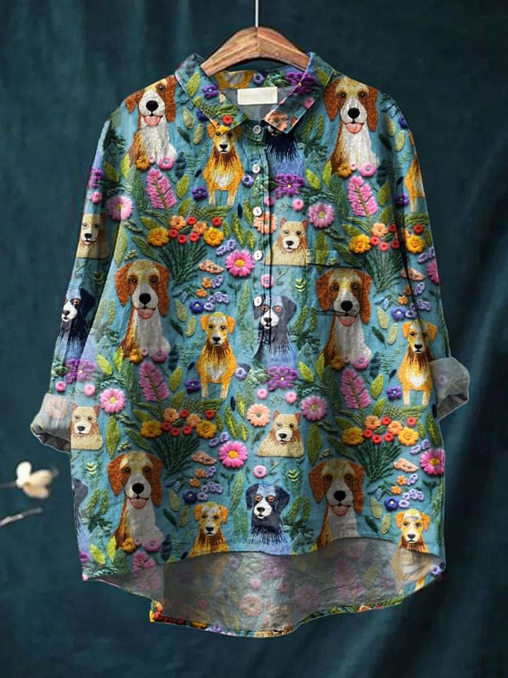 Women's Lovely Dogs Floral Art Print Casual Cotton And Linen Shirt
