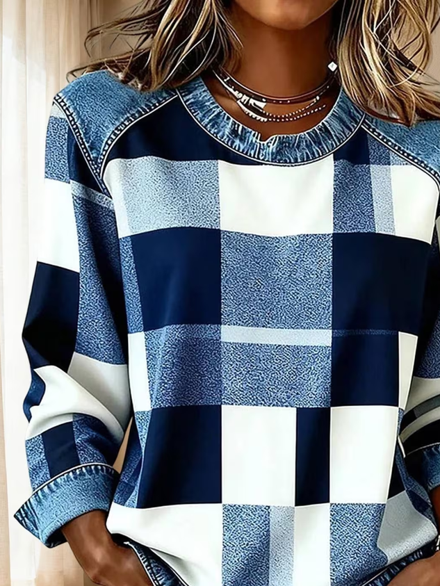 Women Abstract Plaid Crew Neck Long Sleeve Vintage Daily Fall Sweatshirt