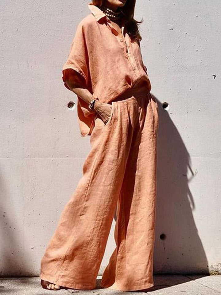 Spring And Summer Cotton Linen Lapel Two-Piece Set Outfit