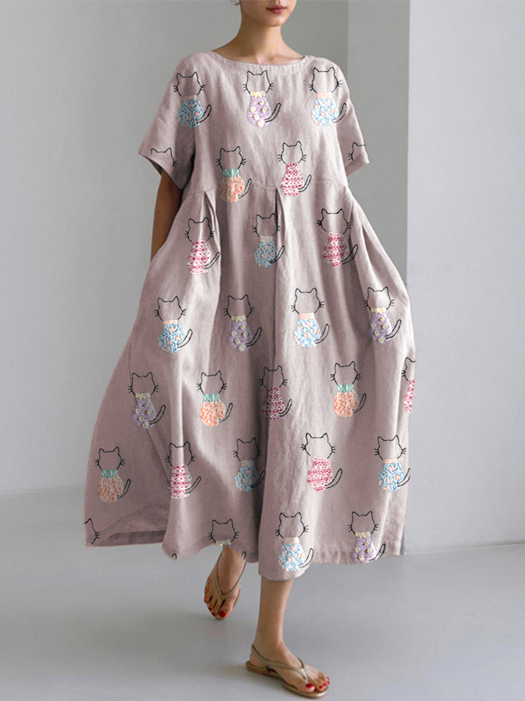 Cute Cat Embroidery Pattern Linen Blend Dress