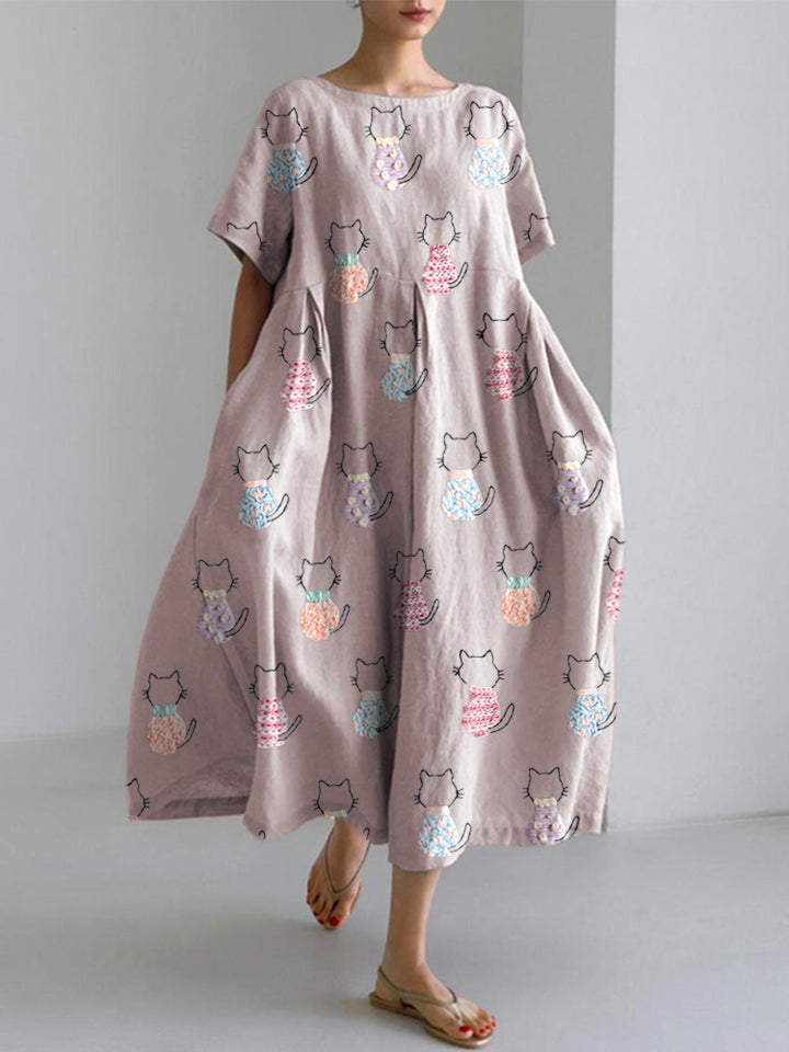 Cute Cat Embroidery Pattern Linen Blend Dress
