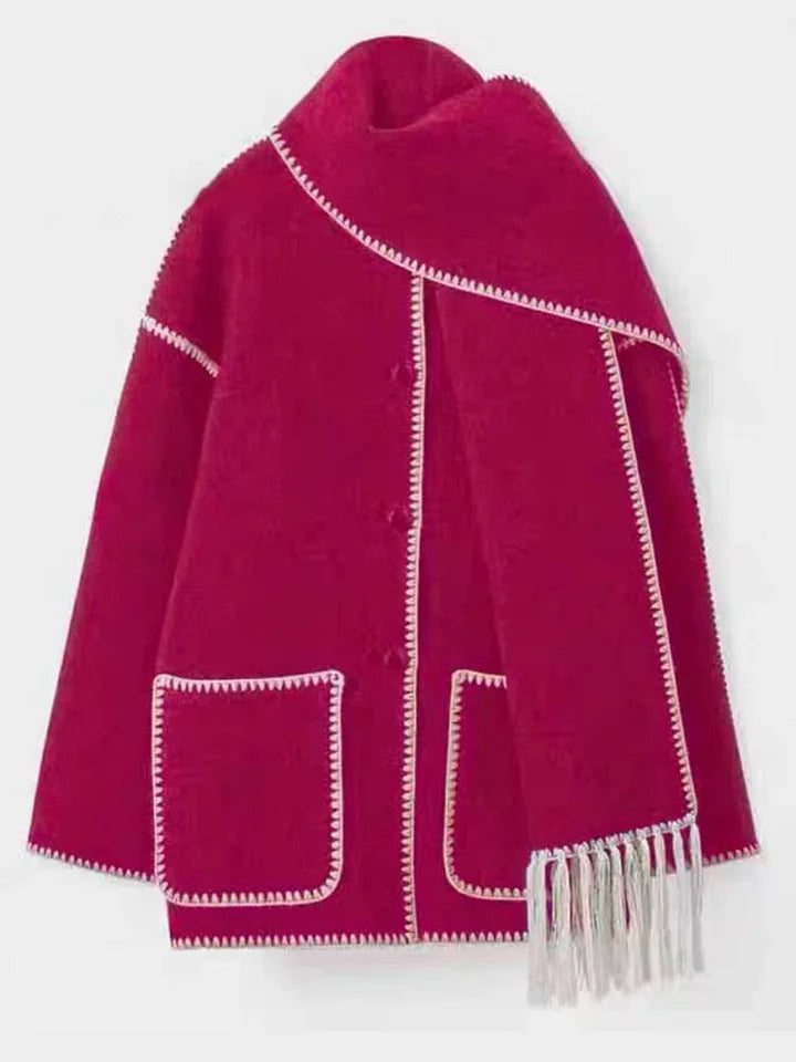 Women's Thickened Loose Woolen Coat with Scarf and Tassels