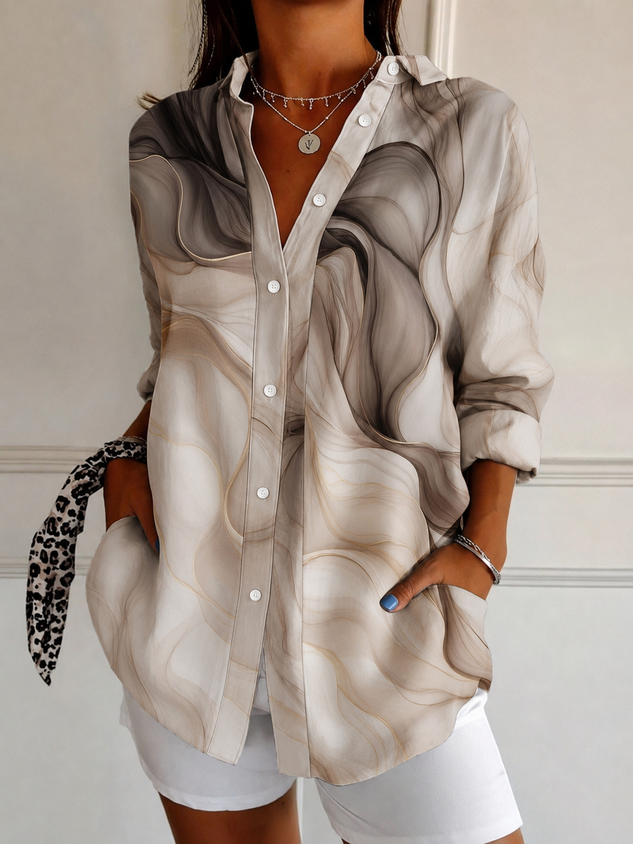 Shirt Collar Long Sleeve Ombre Regular Micro-Elasticity Loose Shirt For Women