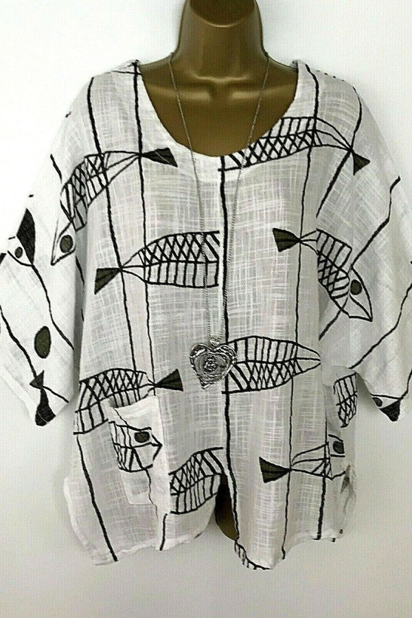 Geometric Print Crew Neck Half Sleeves Blouse