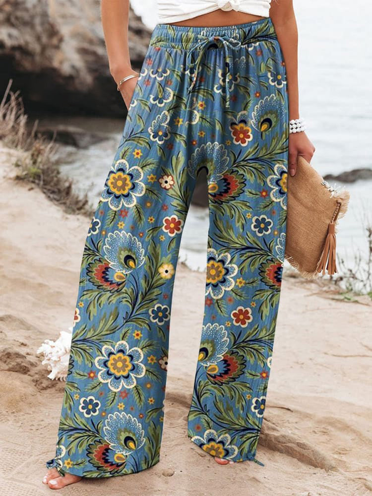 Women's  Floral  Art Printed Cotton And Linen Casual Pants