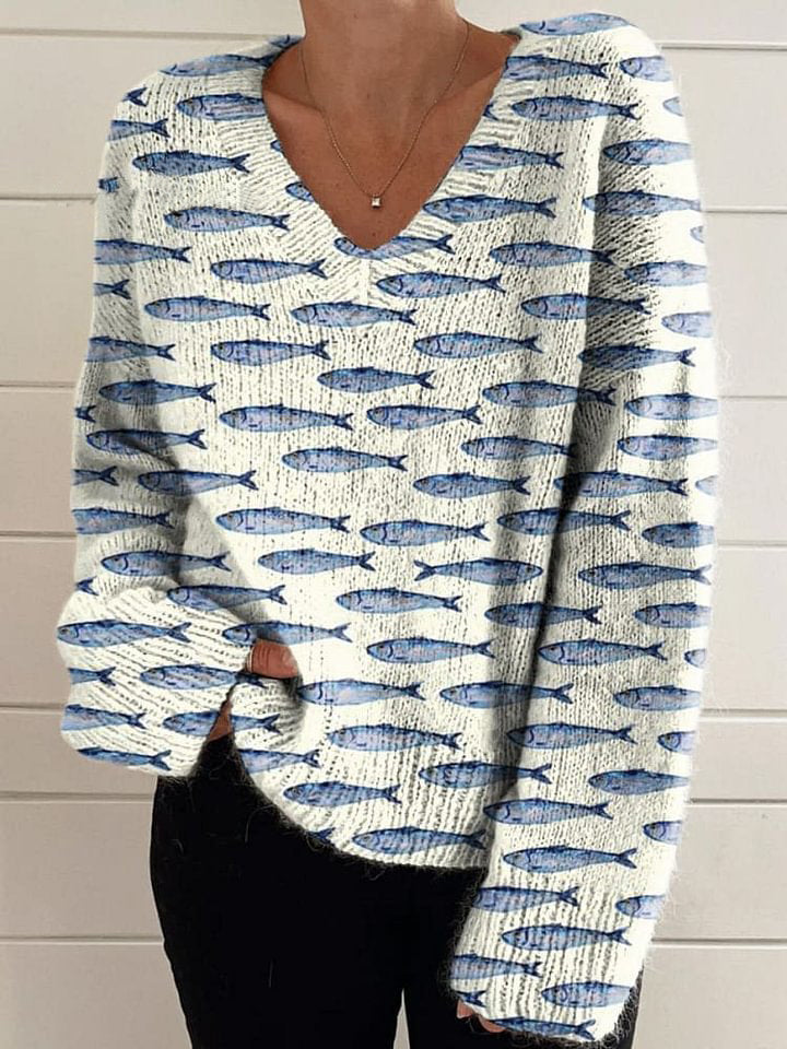 Sardine Fish Swarm Pattern Printed Women's Casual V-Neck Pullover Knit