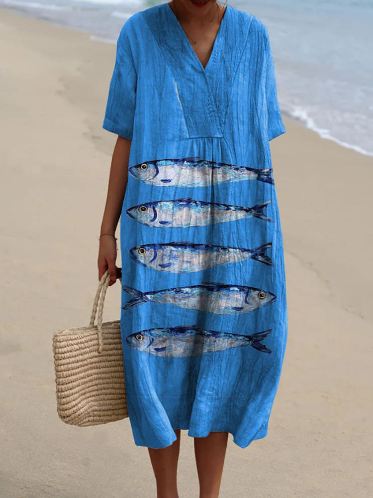 Women's Vintage Lovely Fish Art Print Flowy Dress
