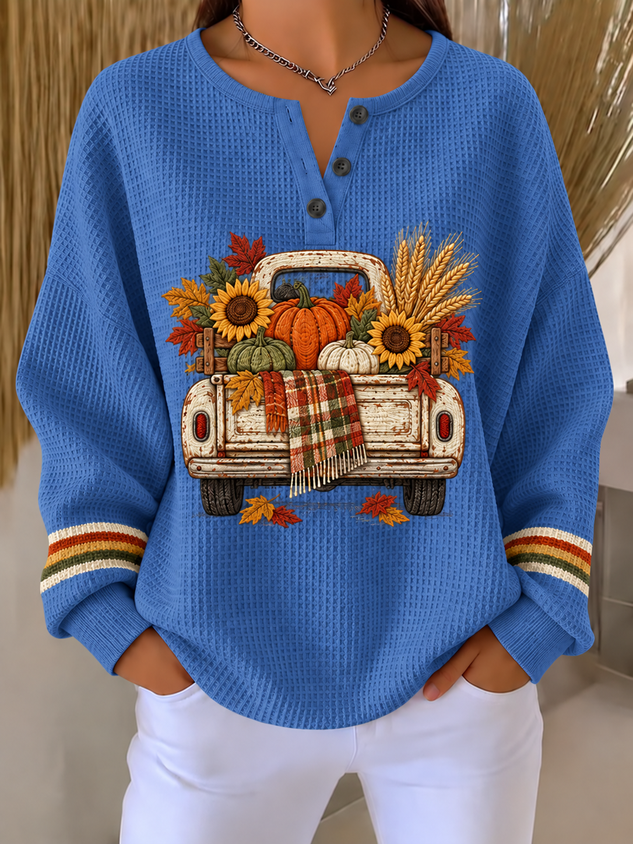 Casual Sunflower Henley Collar Long Sleeve Sweatshirt