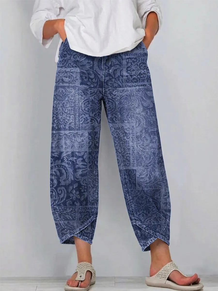 Women's Vintage Floral Pattern Art Print Casual  Denim Pants