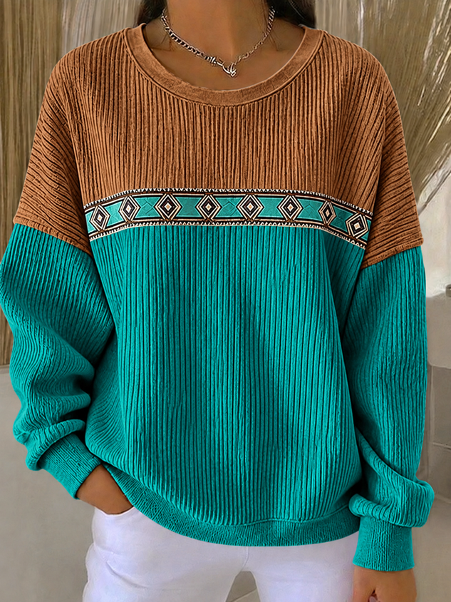 Casual Ethnic Geometry Crew Neck Long Sleeve Sweatshirt