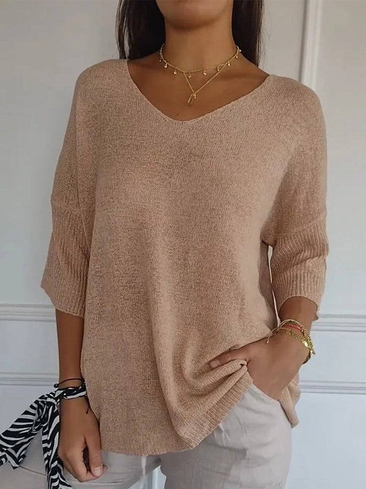 Solid Color Knitted V-Neck Top