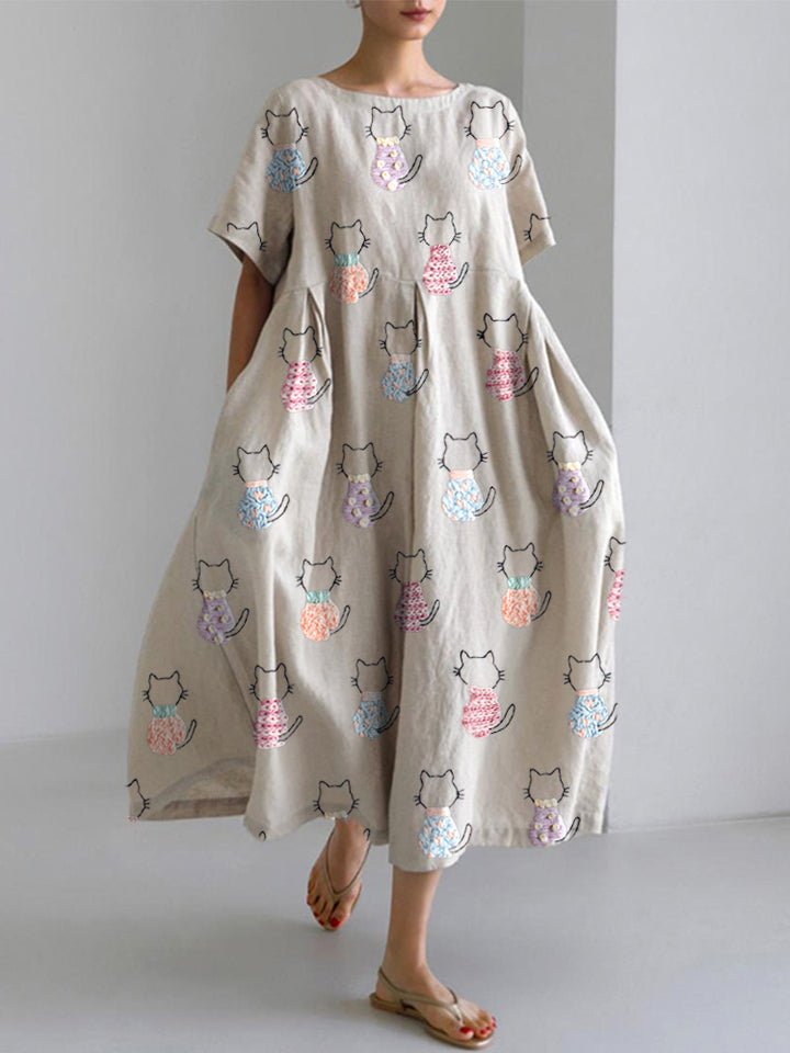 Cute Cat Embroidery Pattern Linen Blend Dress