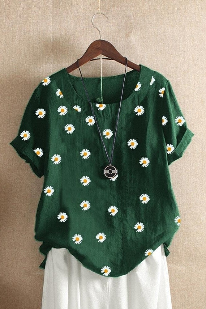 Women's Round Neck Floral Print Short Sleeves T-shirt