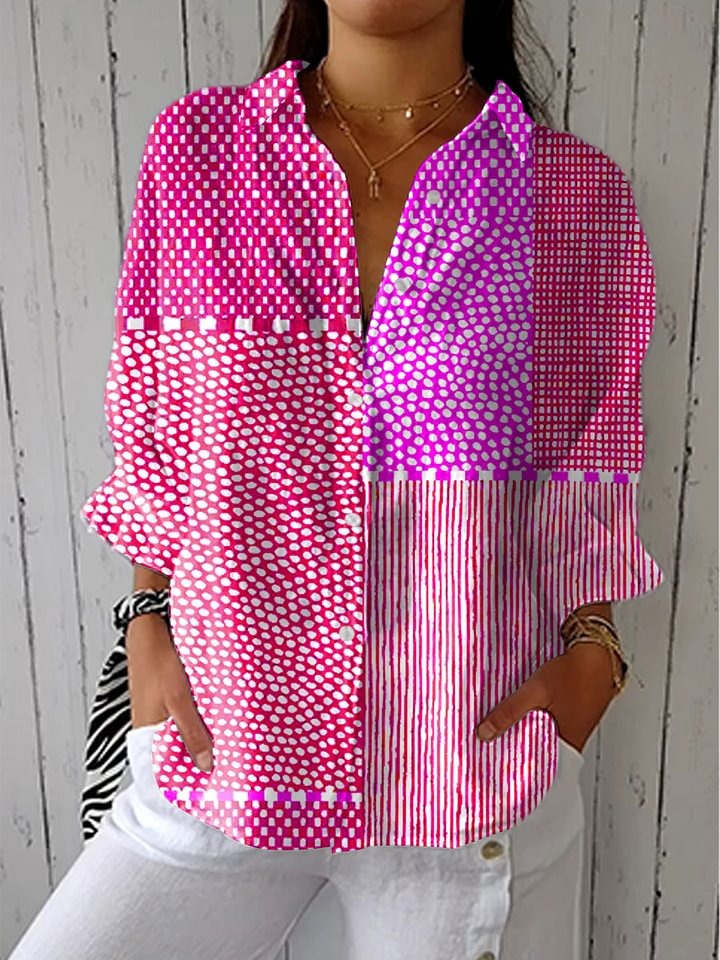 Women's Bright Abstract Polka Dot Art Print Casual Cotton And Linen Ruffle Shirt