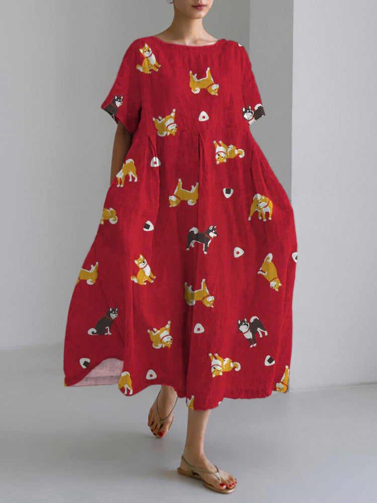 Onigiri & Shiba Inu Print Linen Blend Maxi Dress