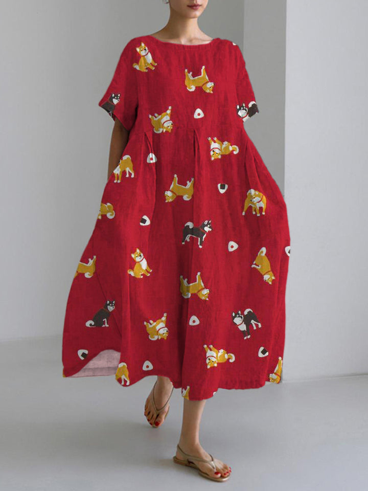 Onigiri & Shiba Inu Print Linen Blend Maxi Dress