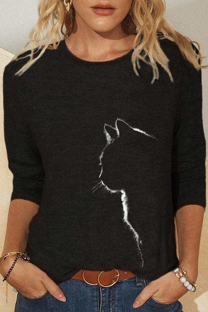 Cat Print Casual Round Neck Long Sleeves Sweatshirt