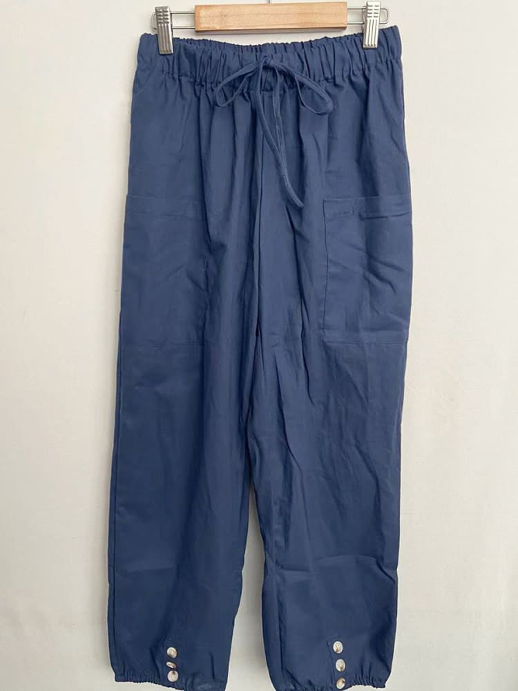 High-waisted Buttoned Cotton and Linen Pants Cropped Pants
