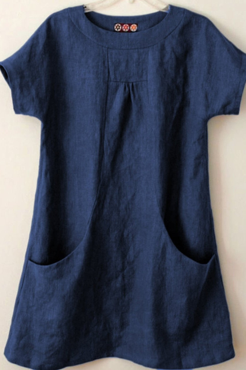 Plain Pockets Round Neck Short Sleeves Blouse