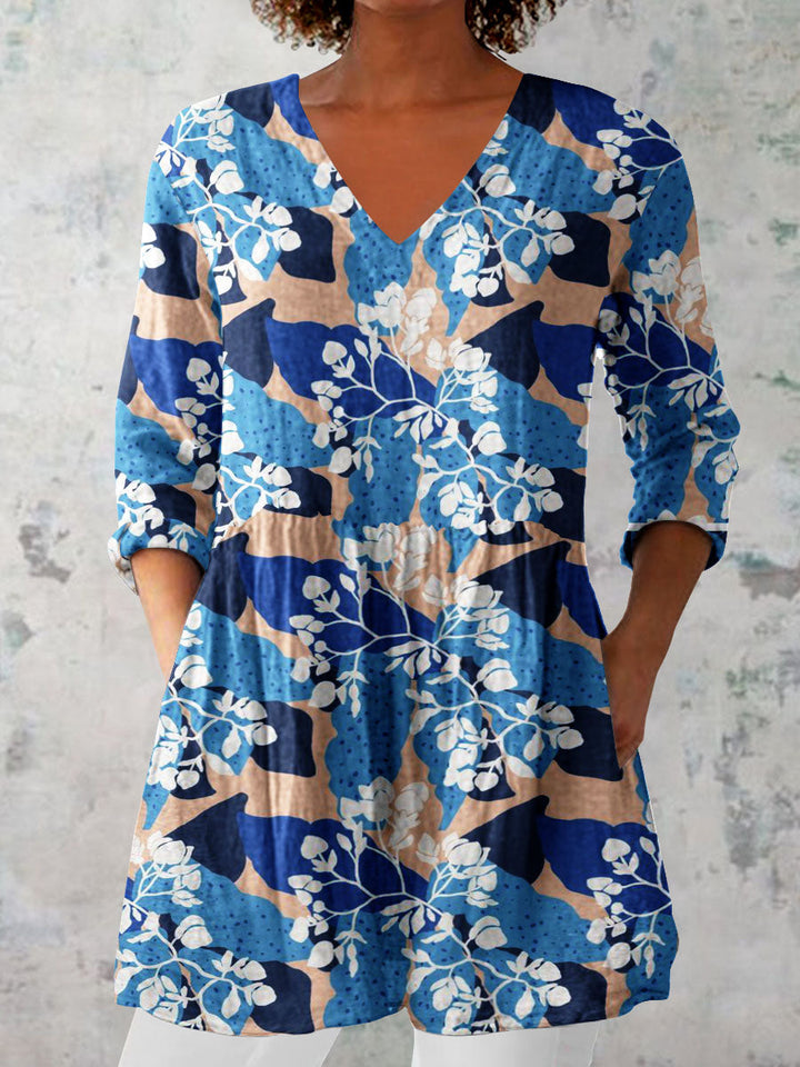 Women's Elegant Floral Pattern V neck Top