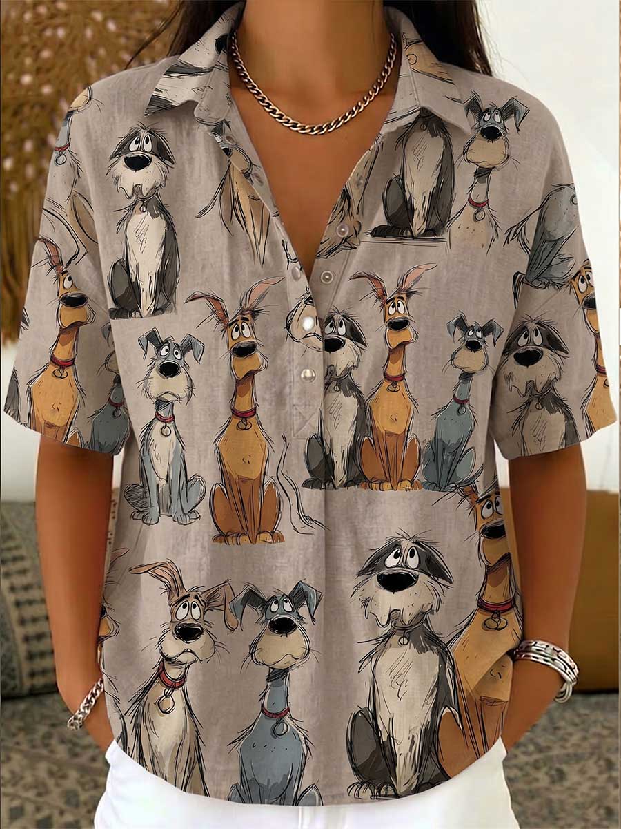 Women's Casual Loose Cotton-linen Top With Cartoon Puppy Print
