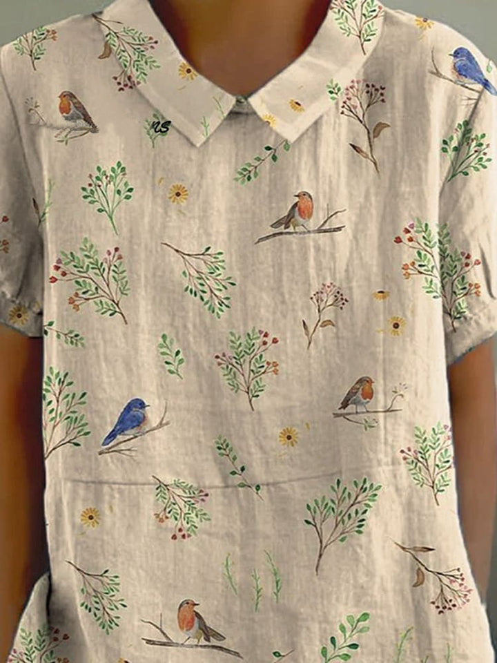 Boughs And Robin Birds Pattern Printed Women's Casual Cotton And Linen Shirt