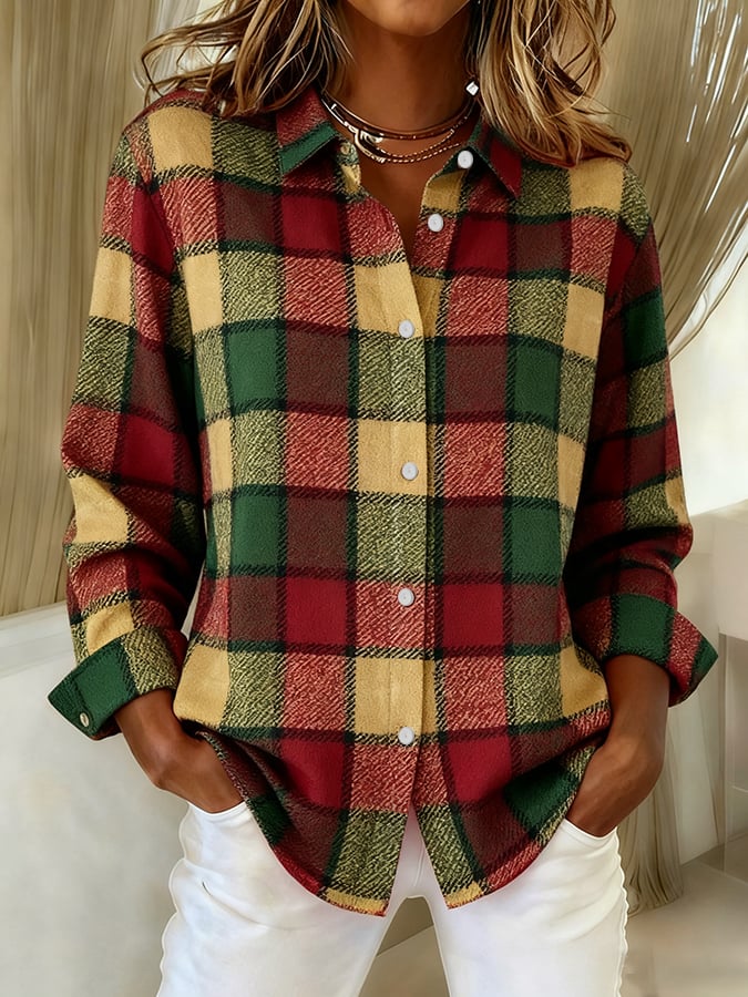 Women's Plaid Print Casual Lapel Shirt