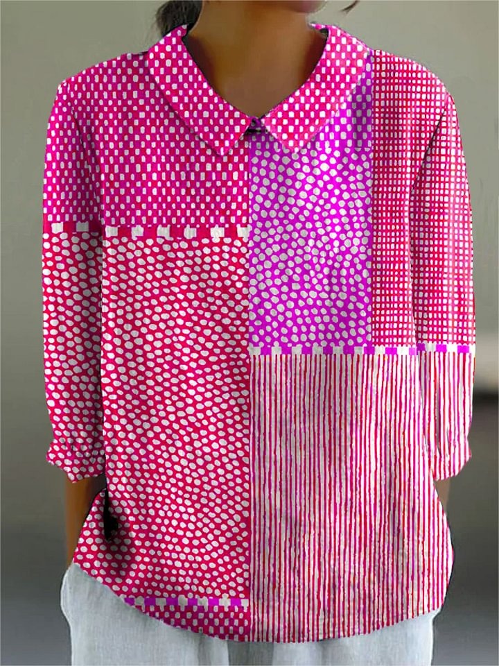 Women's Bright Abstract Polka Dot Art Print Casual Cotton And Linen Ruffle Shirt