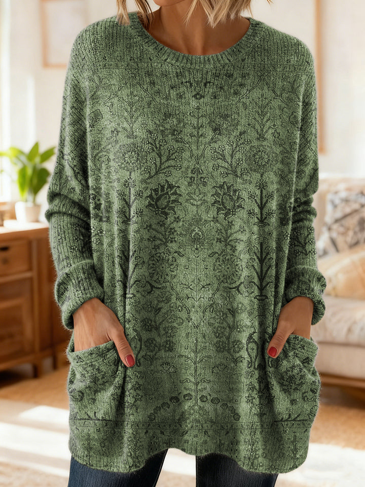 Women's Retro Ethnic Art Print Casual Long-Sleeved Round Neck Cotton Knit Sweater