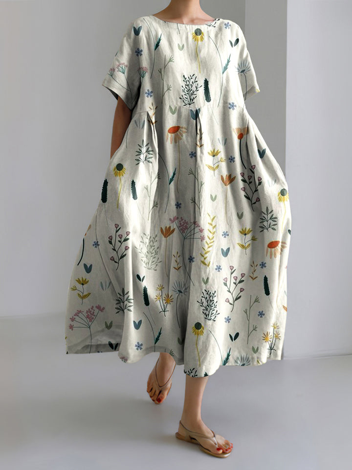 Vintage Floral Linen Blend Loose Casual Midi Dress