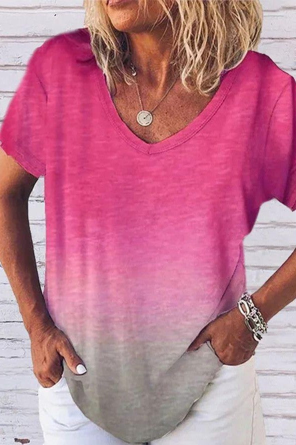 Gradient Color V-neck Short Sleeves T-shirt