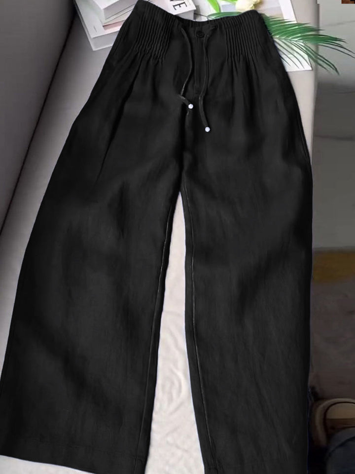 Women's Solid Color Pleated Drawstring Casual100% Cotton and Linen Wide Leg Pants