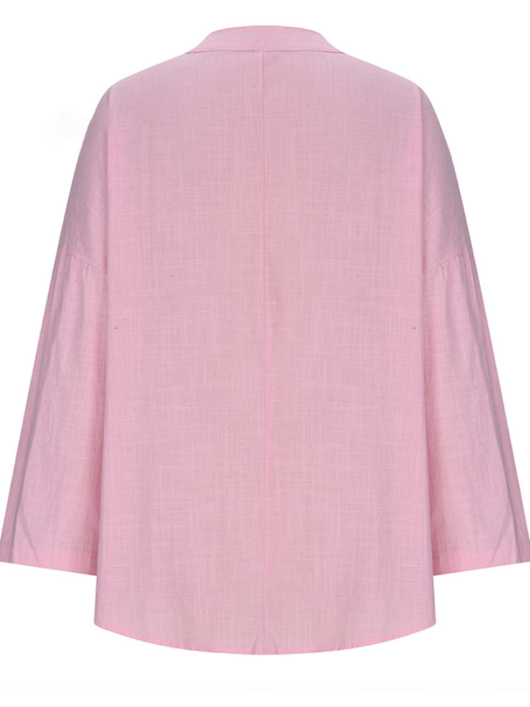 Women's Cotton Long Sleeve Round Neck Solid Color Loose Beach Shirt