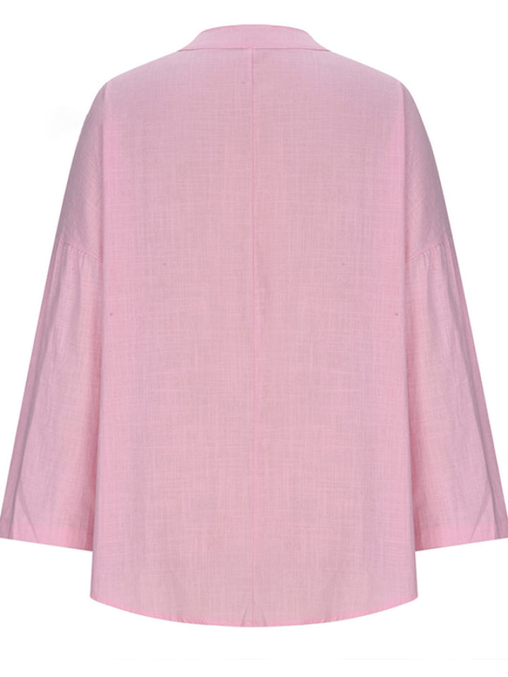 Women's Cotton Long Sleeve Round Neck Solid Color Loose Beach Shirt