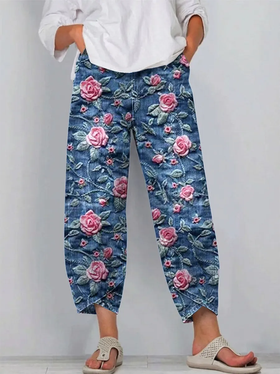 Women's Vintage Floral Pattern Art Print Casual  Denim Pants
