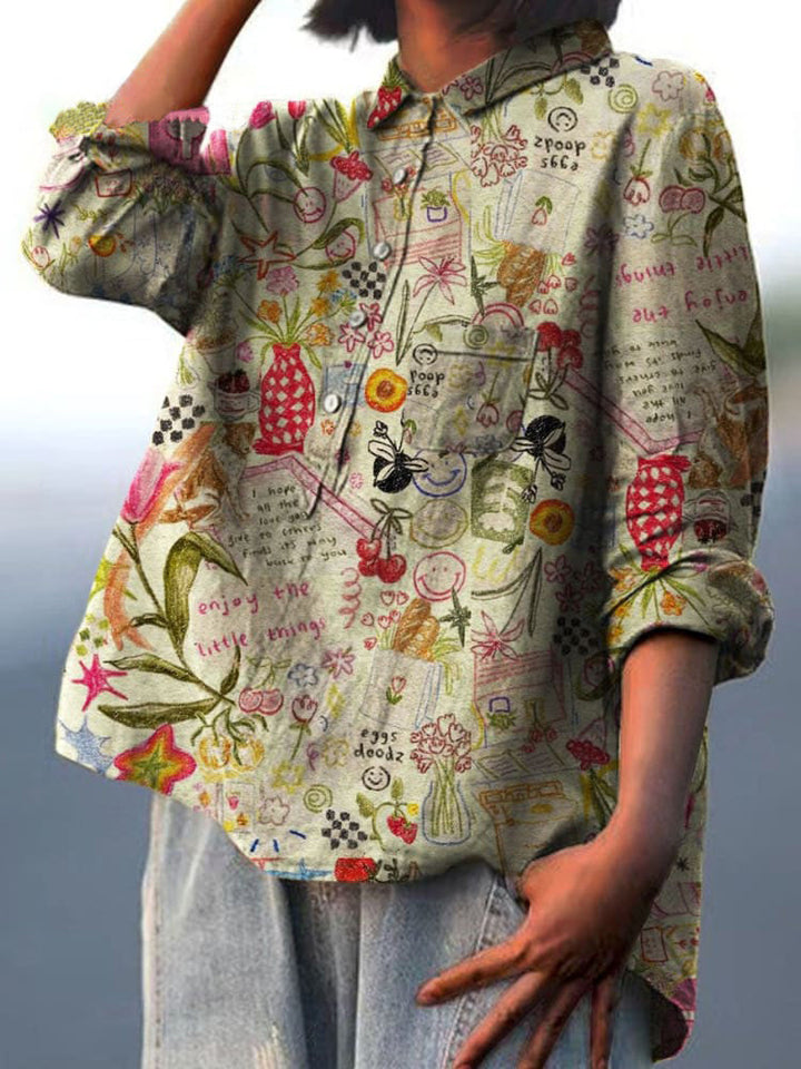 Women's Vintage Vase Art Print Casual Cotton And Linen Shirt