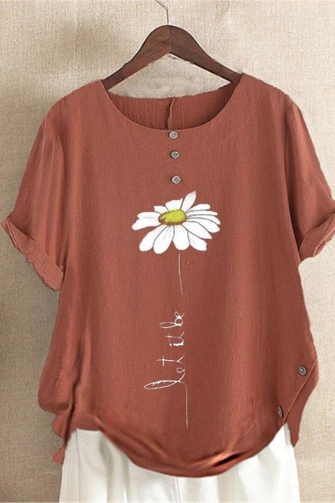 Floral Print Round Neck Short Sleeves Shirts & Tops