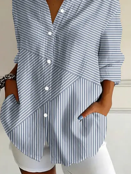 Women's Striped Button Up Loose Fit Long Sleeve Shirt