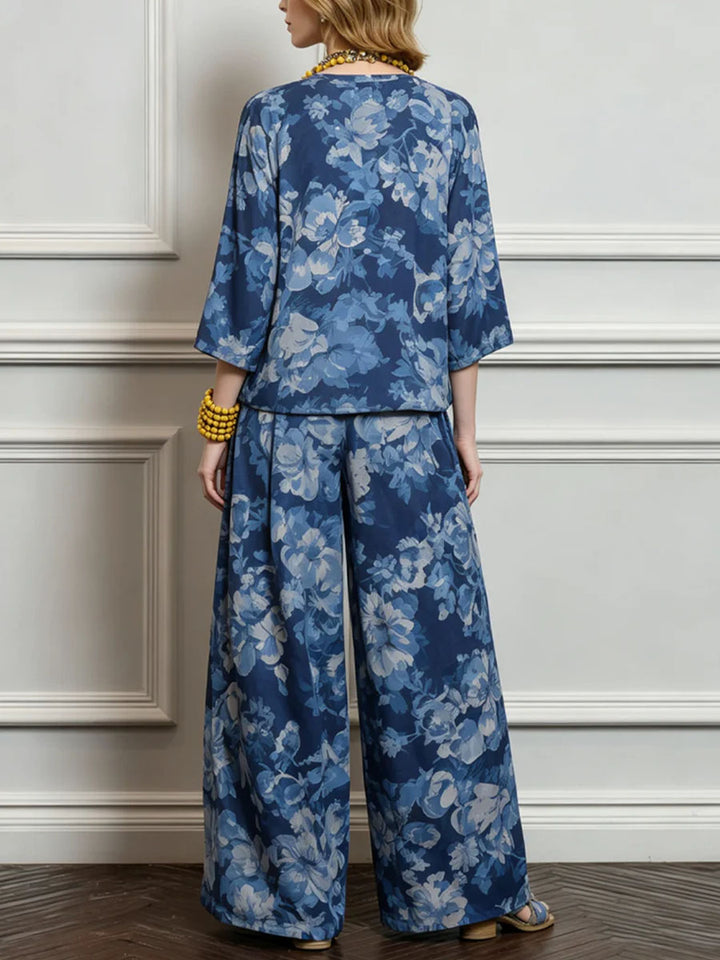 Women's Loose-fit Cotton-linen Top & High-waisted Wide-leg Pants Set