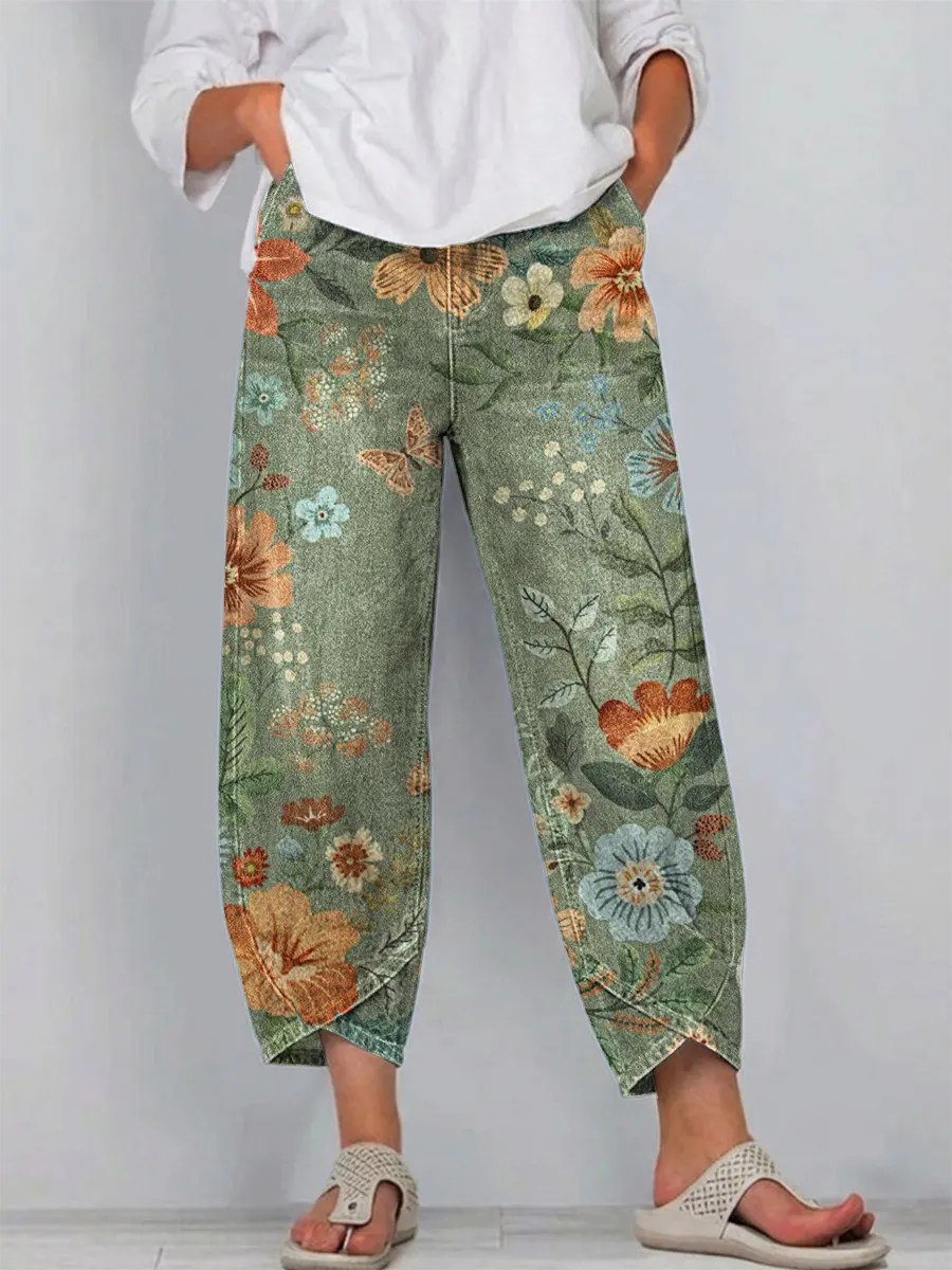 Women's Vintage Floral Pattern Art Print Casual  Denim Pants