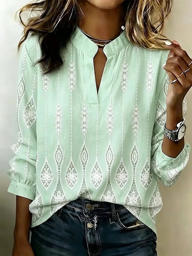Women Geometric Casual Blouse V Neck Long Sleeve Printing Top
