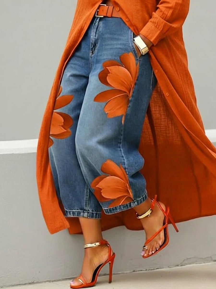 Vintage Artistic Print Relaxed Denim Jeans